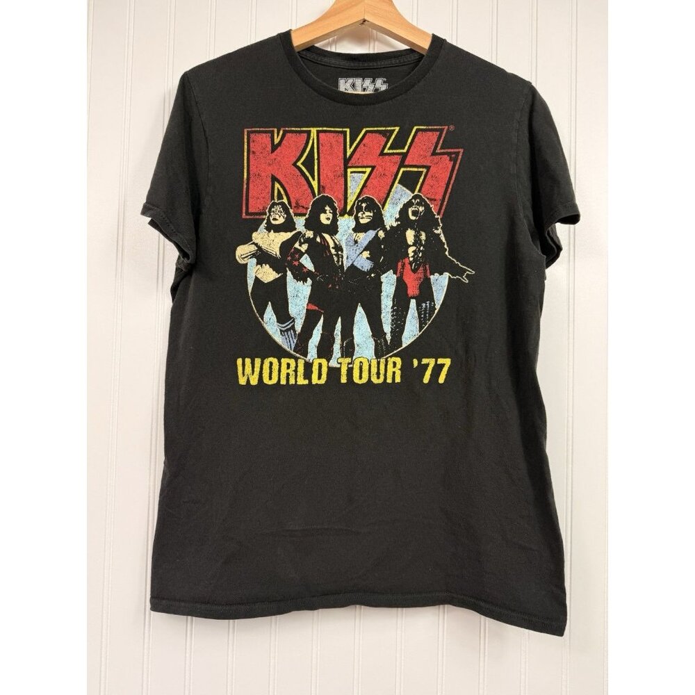KISS T-Shirt World Tour 77 Black Womens Size M 2021 Short Sleeve FADED READ